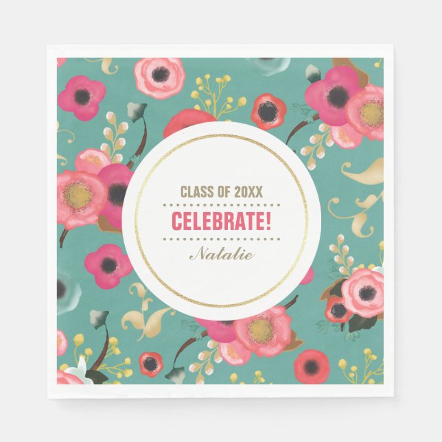 Modern Floral Pattern Graduation Party Paper Napkins (Front)