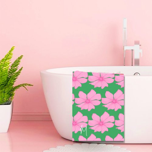  Modern Floral Pattern Green Pink Monogram Bath Towel Set