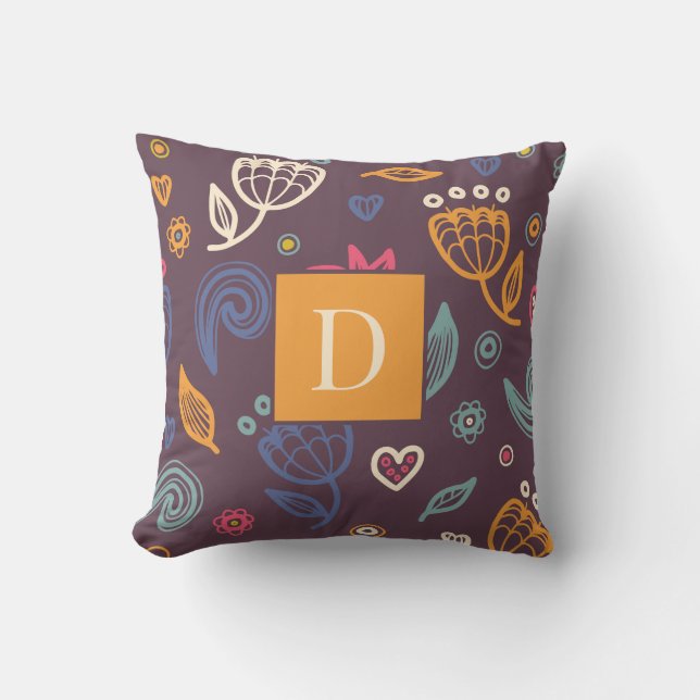 Modern Floral Pattern Illustration Monogram Throw Pillow (Front)