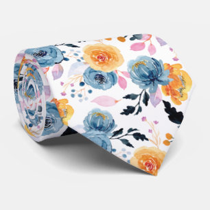 Modern Floral Pattern In Blue, Orange and Pink Neck Tie