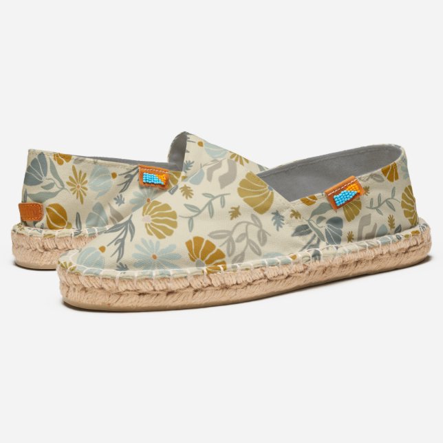 Modern Floral Pattern in Neutral Blue and Tan Espadrilles (Angled)