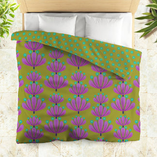 Modern Floral Pattern in Olive Green and Purple Duvet Cover