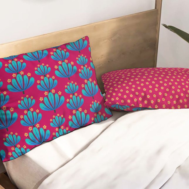 Modern Floral Pattern in Rubine Red and Blue Pillow Case (Creator Uploaded)