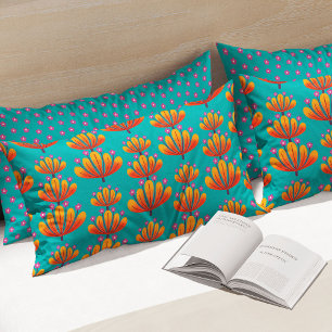 Modern Floral Pattern in Turquoise and Orange Pillow Case