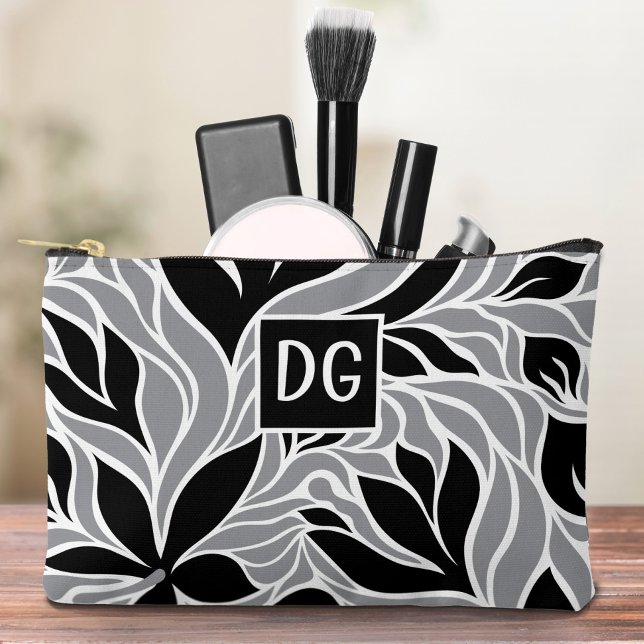 Modern Floral Pattern Monogram Black Gray White Accessory Pouch (Creator Uploaded)