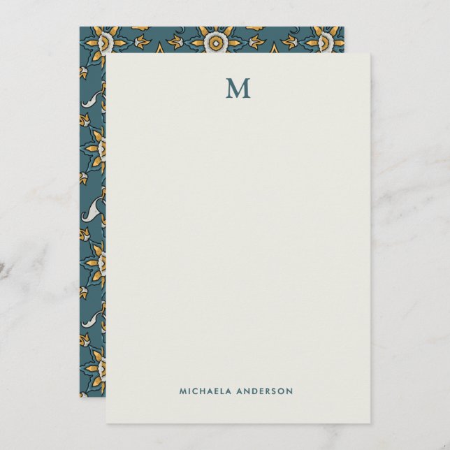 Modern Floral Pattern Monogram & Name Note Card (Front/Back)
