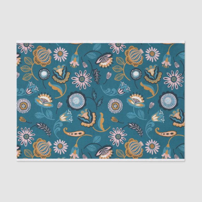 Modern Floral Pattern on Teal Background Tissue Paper (Front)