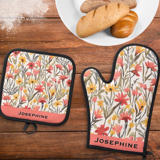 Modern Floral Pattern  Oven Mitt & Pot Holder Set (A pretty floral oven mitt with matching pot holder, to personalize with a name)