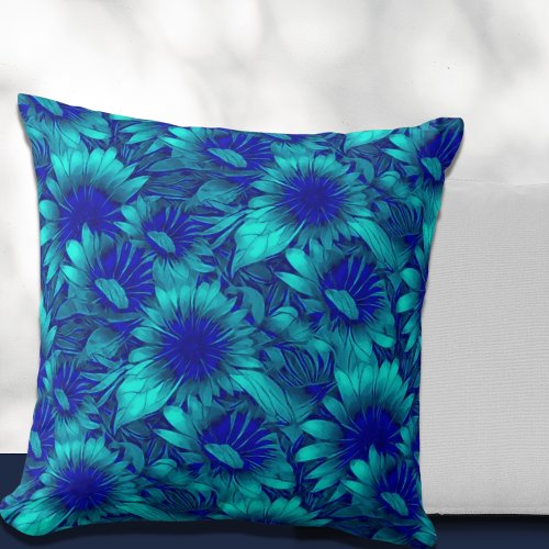 Modern Floral Pattern Turquoise and Blue Throw Pillow