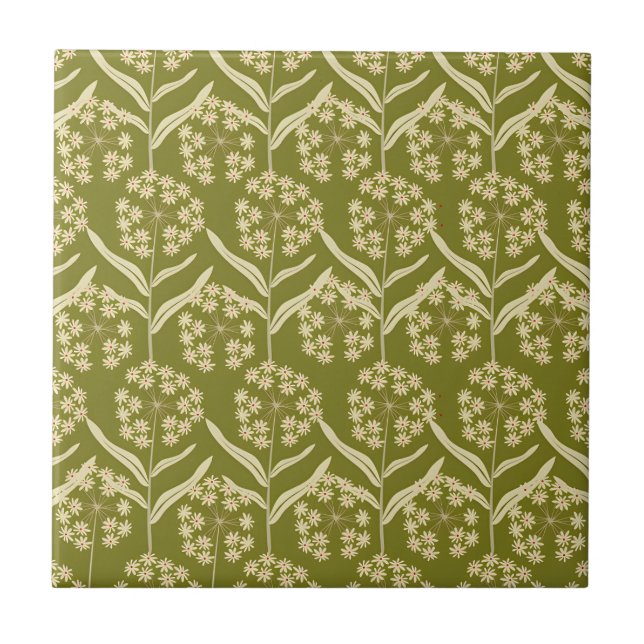 Modern Floral Pattern: White Umbel Flowers Ceramic Tile (Front)
