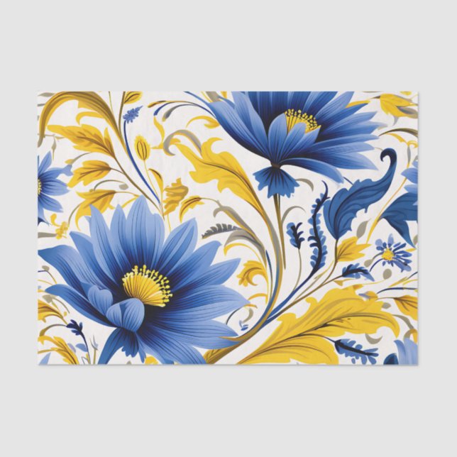 Modern Floral Pattern with Flowing Blue and Yellow Tissue Paper (Front)