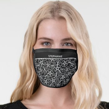 Modern Floral Pattern With Script Name Black White Face Mask by icases at Zazzle