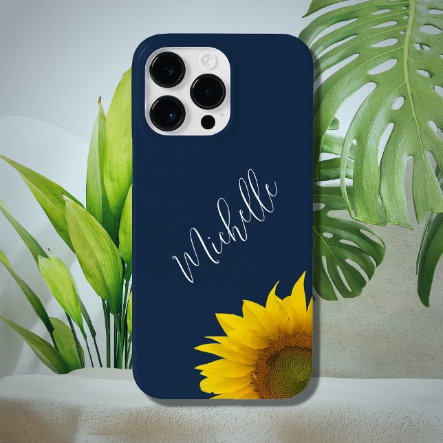 Modern Floral Peeking Sunflower Navy Blue Case-Mate iPhone Case (Creator Uploaded)