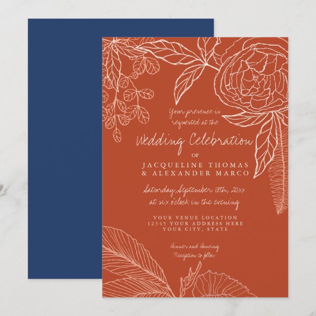 Modern Floral Peony Line Art Navy Orange Leaf Invitation (Front/Back)