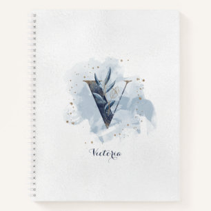 Modern Floral Personal Monogram Letter V Blue Gold Notebook