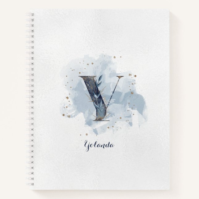 Modern Floral Personal Monogram Letter Y Blue Gold Notebook (Front)