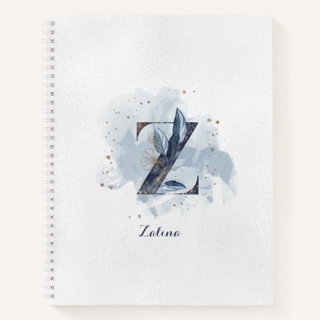 Modern Floral Personal Monogram Letter Z Blue Gold Notebook (Front)