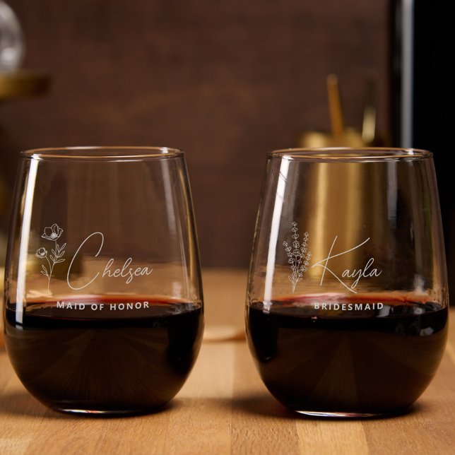 Modern Floral Personalized Bridesmaid Proposal Stemless Wine Glass (Personalized bridesmaid etched wine glasses with name, bridesmaid proposal, wedding bridal party)