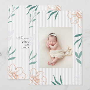 Modern Floral Photo Birth Announcement