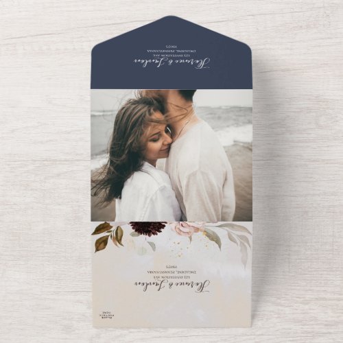 Modern Floral  Photo Navy Marble Seal And Send All In One Invitation