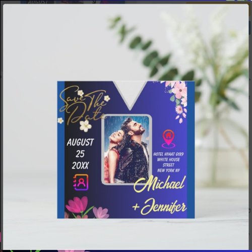 Modern Floral Photo QR Code Wedding Save the Date 