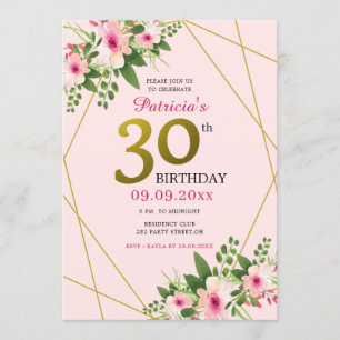 Modern Floral Pink And Gold 30th Birthday Invitation