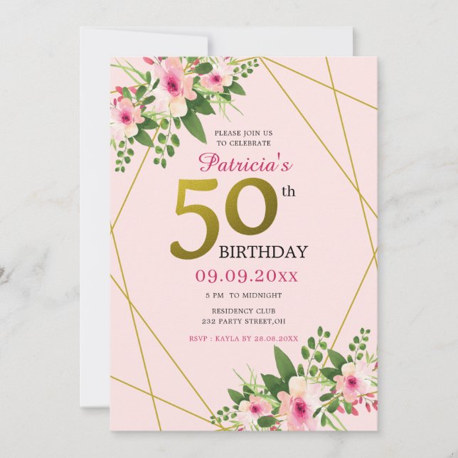 Modern Floral Pink And Gold 50th Birthday Invitation (Front)