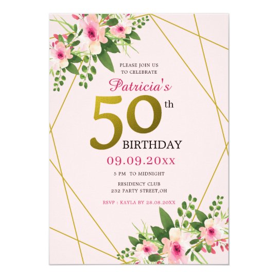 Modern Floral Pink And Gold 50th Birthday Invitation | Zazzle.com