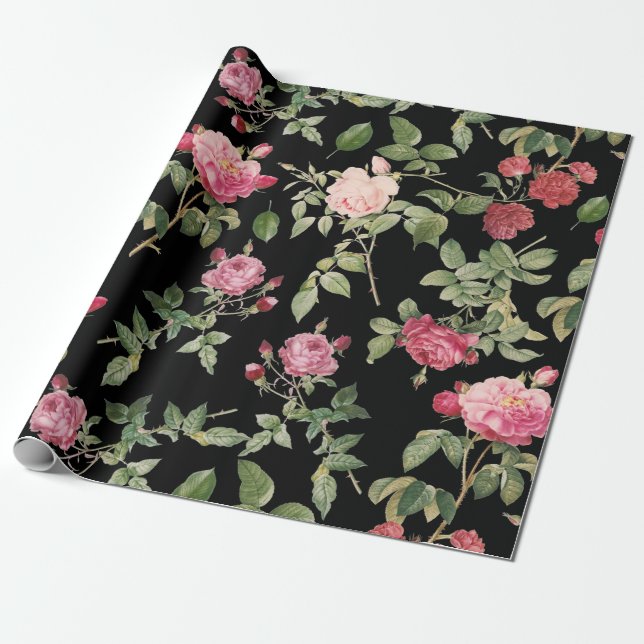 Modern Floral Pink Black Rose Wrapping Paper (Unrolled)