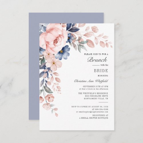 Modern Floral Pink Blue Flowers Bridal Brunch Invitation