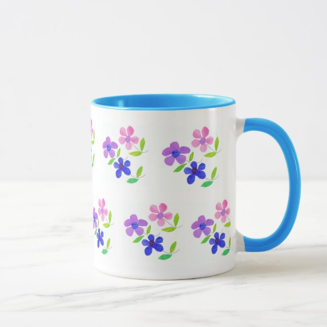 Modern Floral, Pink, Blue, Mauve, Green on White Mug (Right)