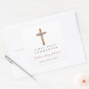 Modern Floral Pink Cross Girl First Communion Square Sticker