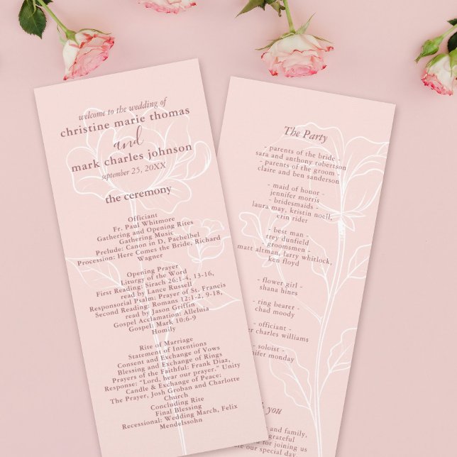 Modern Floral Pink Elegant Wedding Program (Elegant Blush pink with a white outline floral design in the background with mauve font program.)
