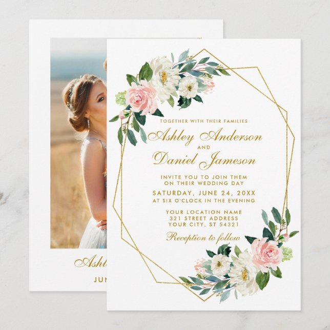 Modern Floral Pink Gold Frame Photo Back Wedding Invitation (Front/Back)