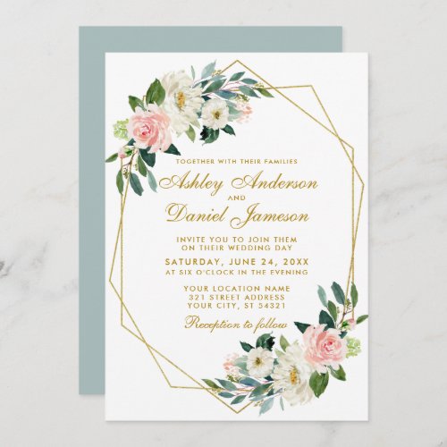 Modern Floral Pink Gold Geometric Frame Wedding G Invitation