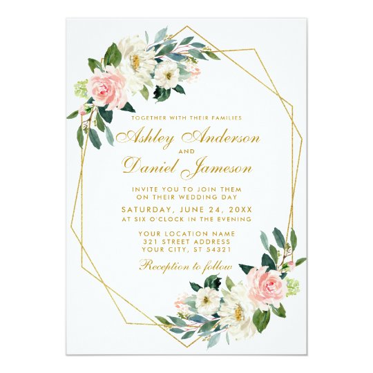 Modern Floral Pink Gold Geometric Frame Wedding Invitation | Zazzle.com