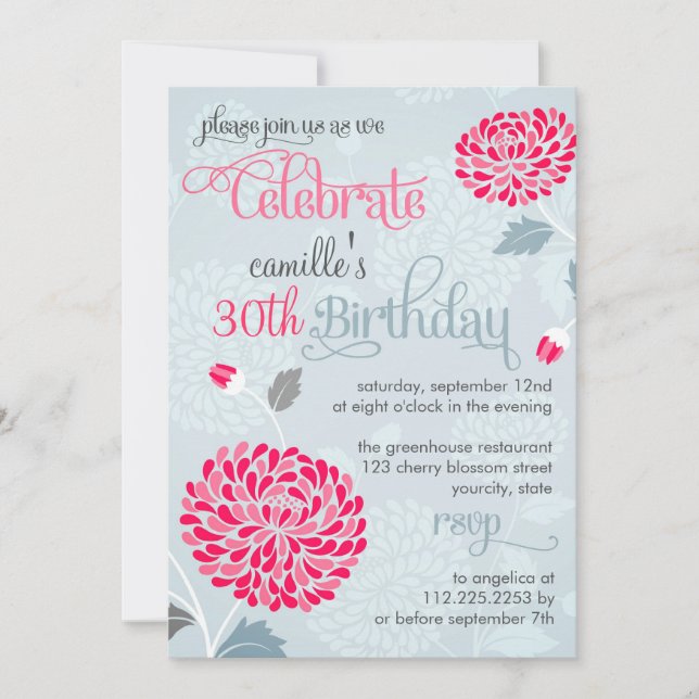 Modern Floral Pink & Gray Fancy Birthday Party Invitation (Front)