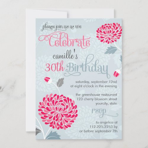 Modern Floral Pink &amp; Gray Fancy Birthday Party Custom Invites