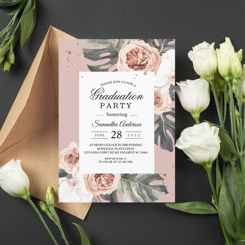 Modern Floral Pink  Green Tropical Leaf  Orchid Invitation