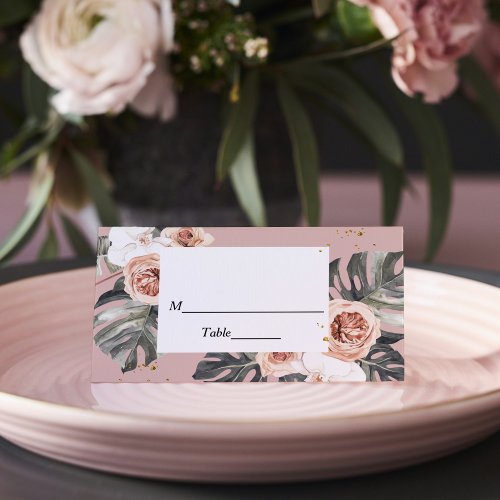 Modern Floral Pink  Green Tropical Leaf  Orchid Place Card