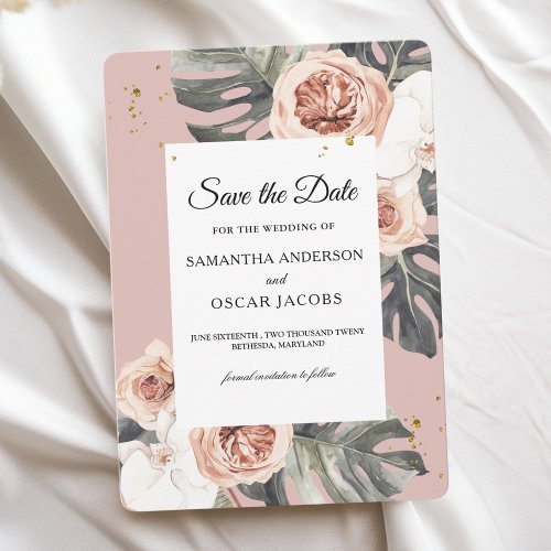 Modern Floral Pink  Green Tropical Leaf  Orchid Save The Date