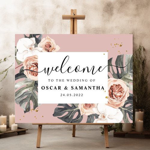 Modern Floral Pink  Green Tropical Leaf  Orchid Sign