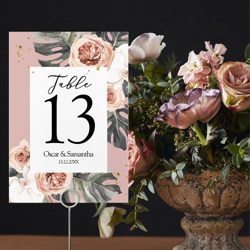 Modern Floral Pink  Green Tropical Leaf  Orchid Table Number