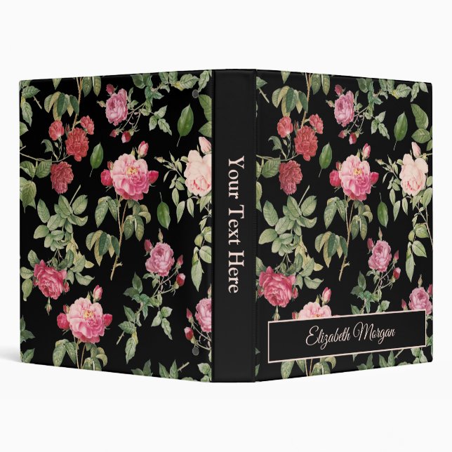 Modern Floral Pink Rose Black 3 Ring Binder (Background)