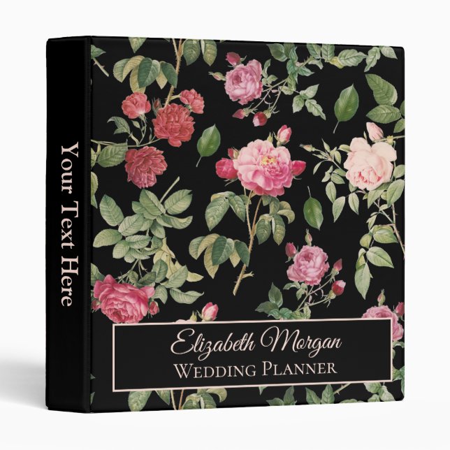 Modern Floral Pink Rose Dark Black Chic 3 Ring Binder (Front/Spine)