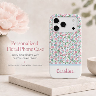 Modern Floral Pink Roses Name Monogram Girly iPhone 17 Pro Case