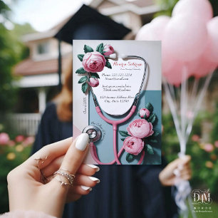 Modern Floral Pink Roses Stethoscope Graduate Name Business Card