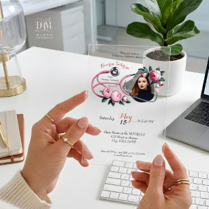 Modern Floral Pink Roses Stethoscope Graduation  Acrylic Invitations