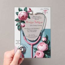 Modern Floral Pink Roses Stethoscope Graduation
