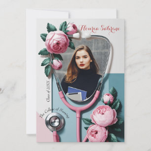 Modern Floral Pink Roses Stethoscope Graduation Announcement
